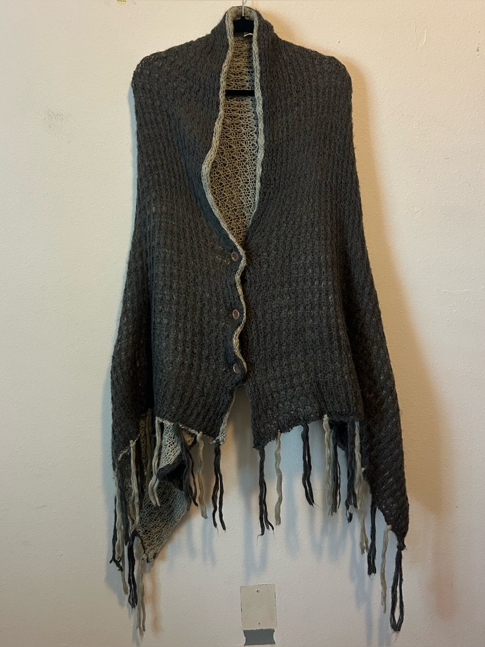 Madison 88 OS Women’s Dark Gray Fringe Button-Front Sweater Poncho with Cream